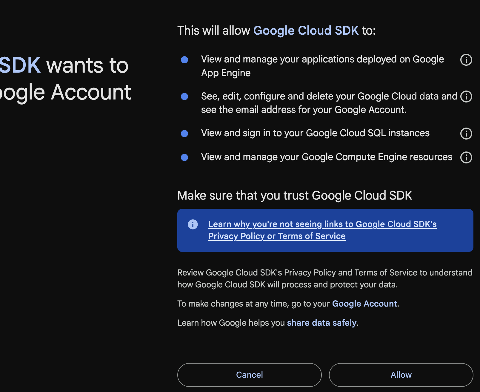 Grant permissions to access Google Account