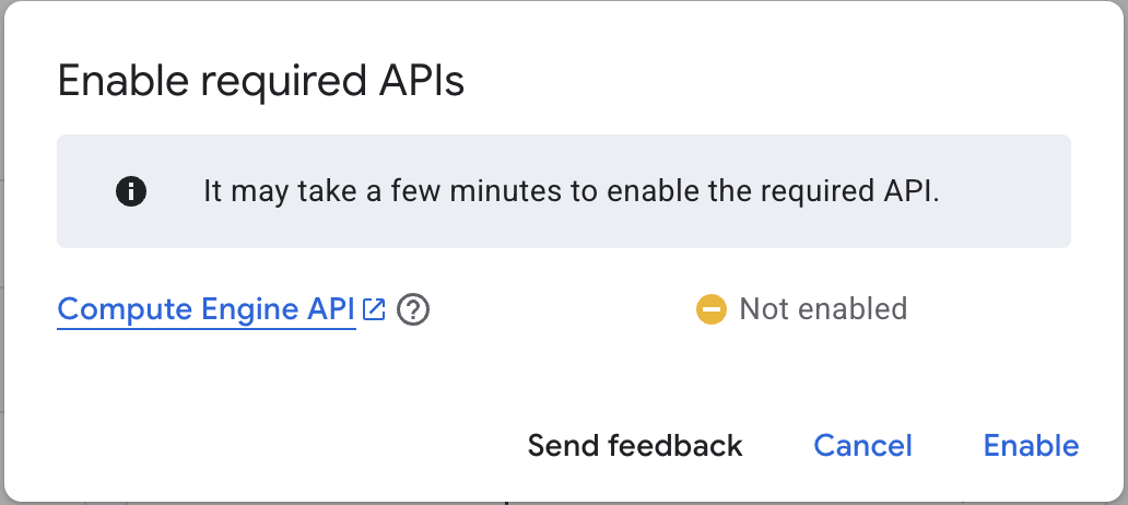 Dialog to enable compute engine API