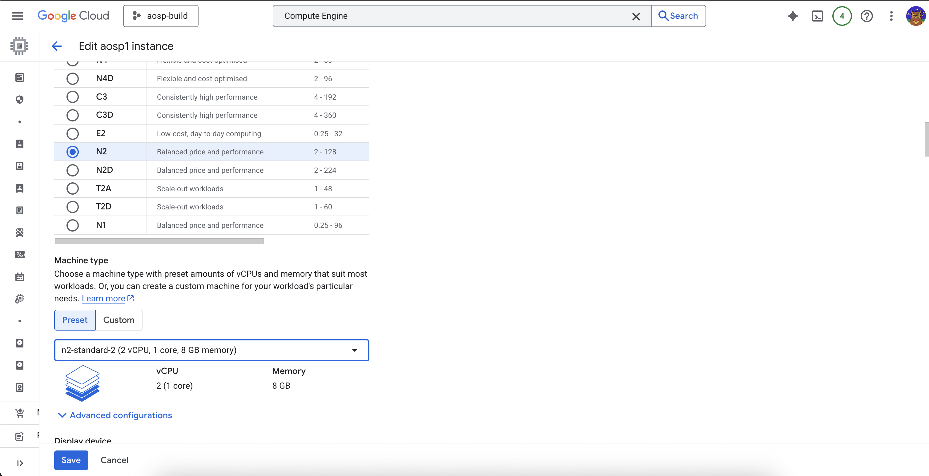 Edit VM instance machine type to N2-standard-2