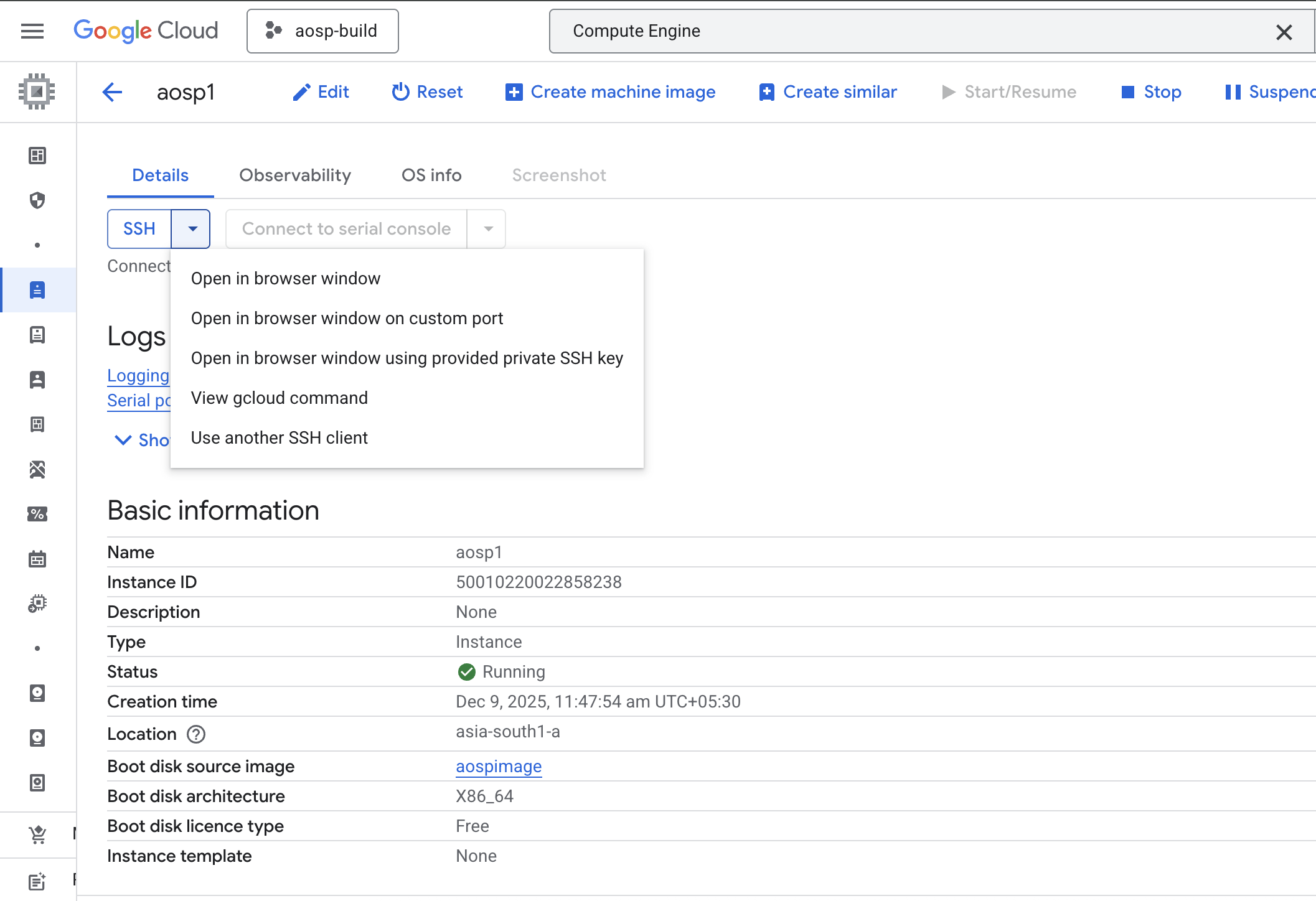 Access N2 aosp1 through browser window SSH