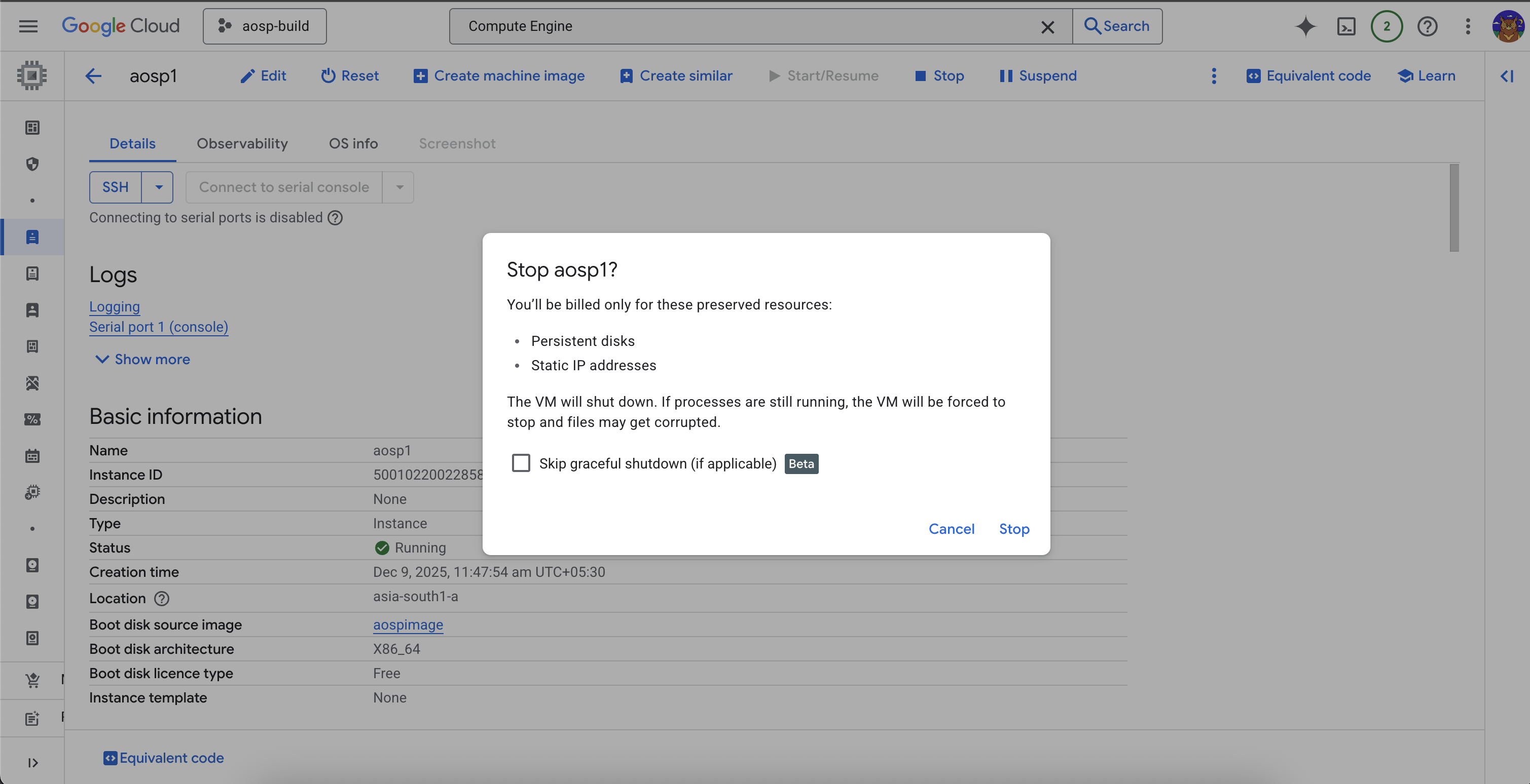 Stop the VM instance