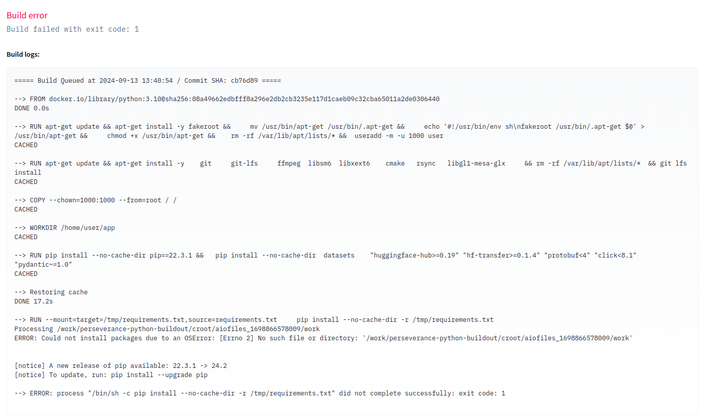 Huggingface app pip failure
