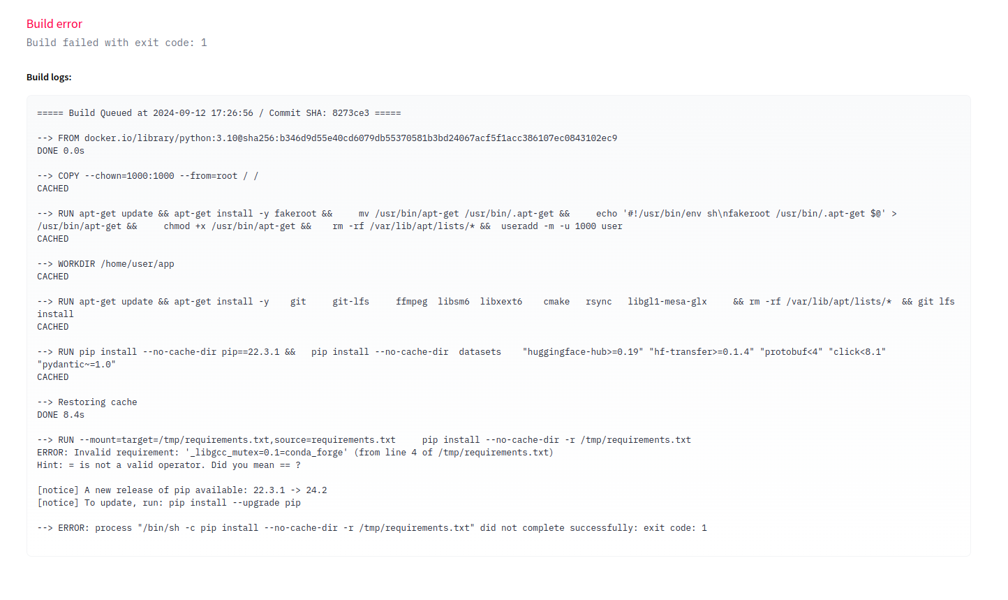 Huggingface app pip failure