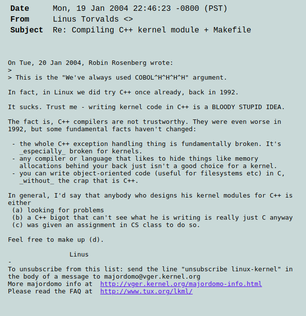 Screenshot of linux mailing list C++ discussion