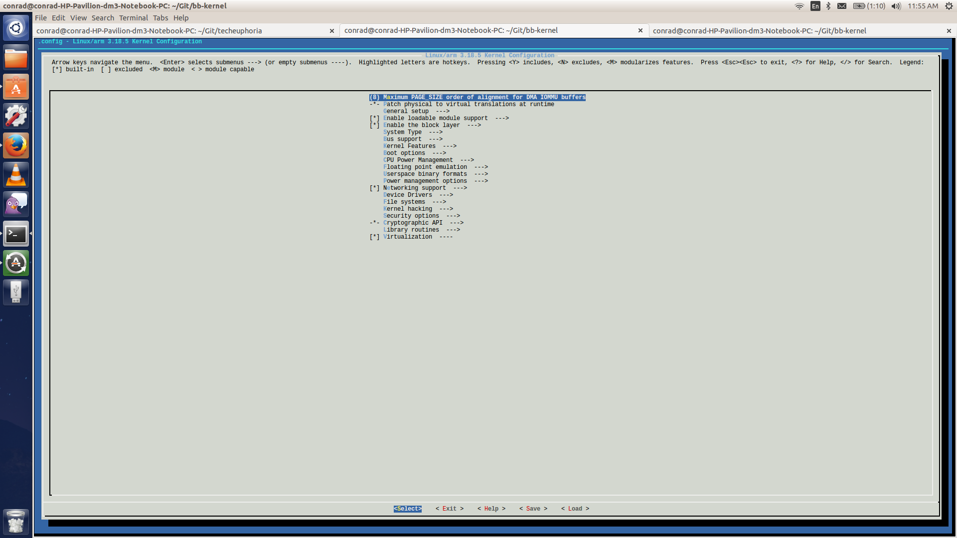The menuconfig configuration screen for the 3.18 vanilla kernel